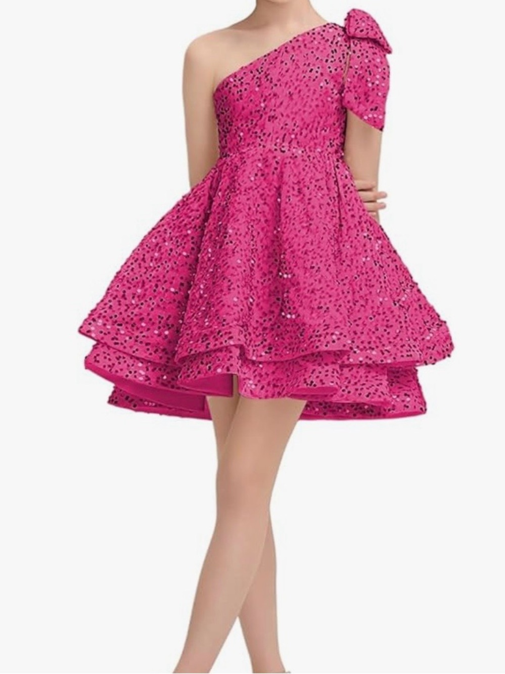 From Amazon Girls One-Shoulder Hot Pink Sequin Layered Party Dress/New